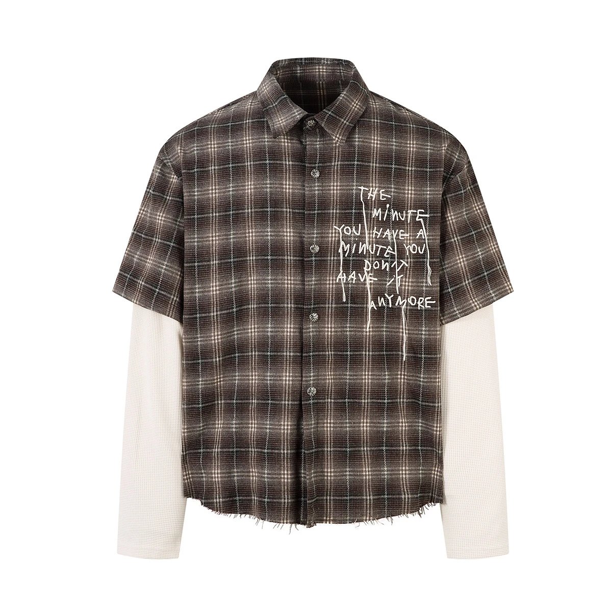 Jiayiku Men's 2026 Spring Summer New American Streetwear Trendy Brand Fake Two-Piece Distressed Edgy Plaid Long Sleeve Shirt