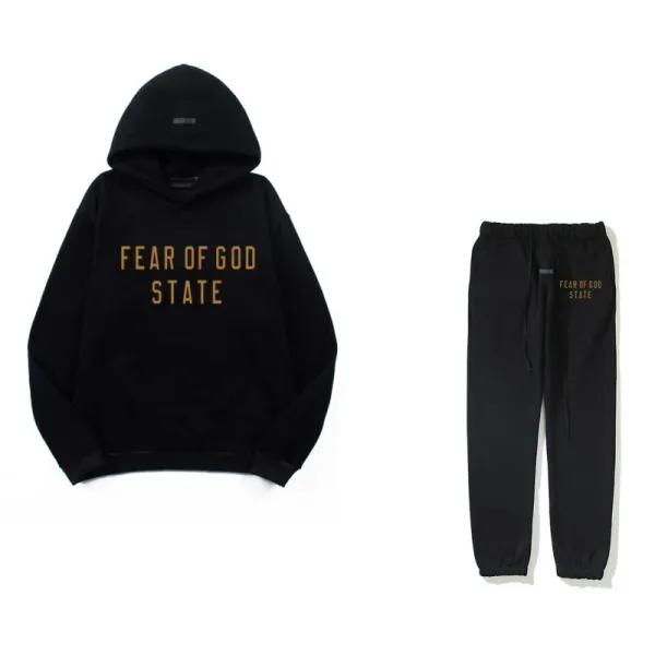 Fear of God Essentials Black Gold Logo Hoodie and Sweatpants Set - 1