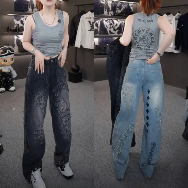 Chrome Hearts x Custom Embroidered Wide-Leg Denim Jeans in Light Wash - 5