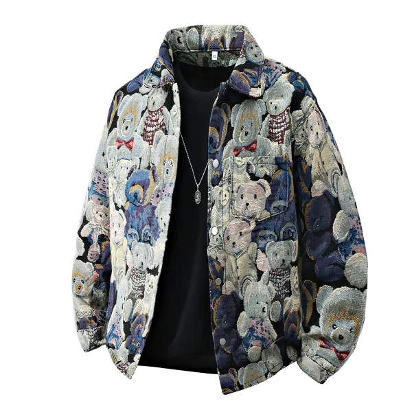 Teddy Bear Tapestry Print Oversized Shirt Jacket Multicolor Outerwear - 1