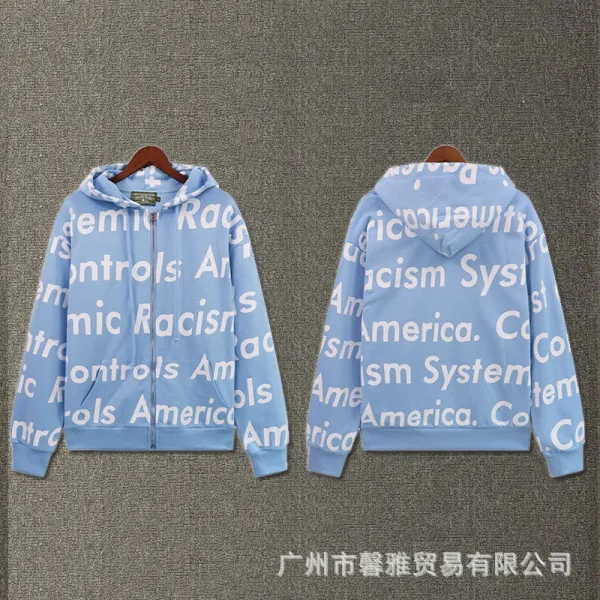 Off-White x Unknown Collaboration 'Racism System' Print Zip-Up Hoodie Light Blue - 1