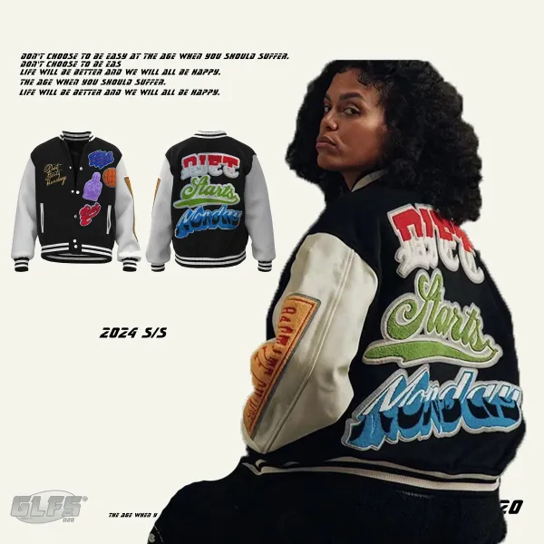 GLFS Diet Starts Monday Varsity Jacket Black/White Multicolor - 4