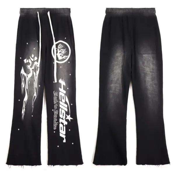 Hellstar Gothic Flame Print Black Wide-Leg Sweatpants - 1