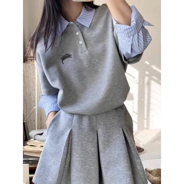 Layered Collar Polo Shirt Gray with Striped Sleeve Detail Polo - 10