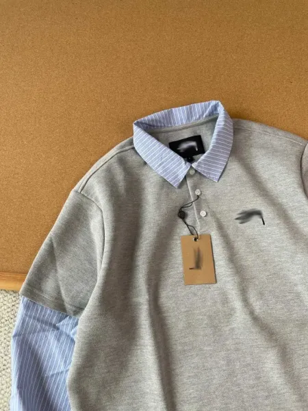 Layered Collar Polo Shirt Gray with Striped Sleeve Detail Polo - 13