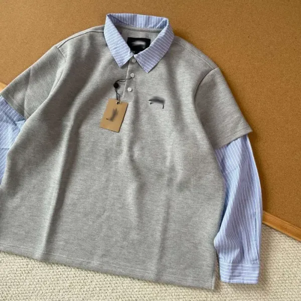 Layered Collar Polo Shirt Gray with Striped Sleeve Detail Polo - 11