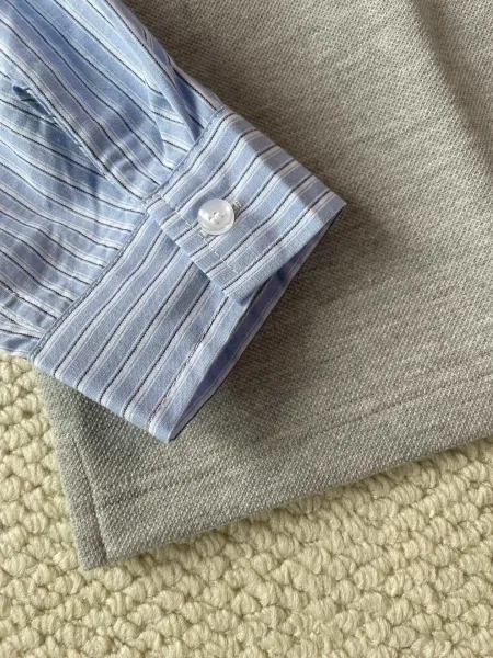 Layered Collar Polo Shirt Gray with Striped Sleeve Detail Polo - 17