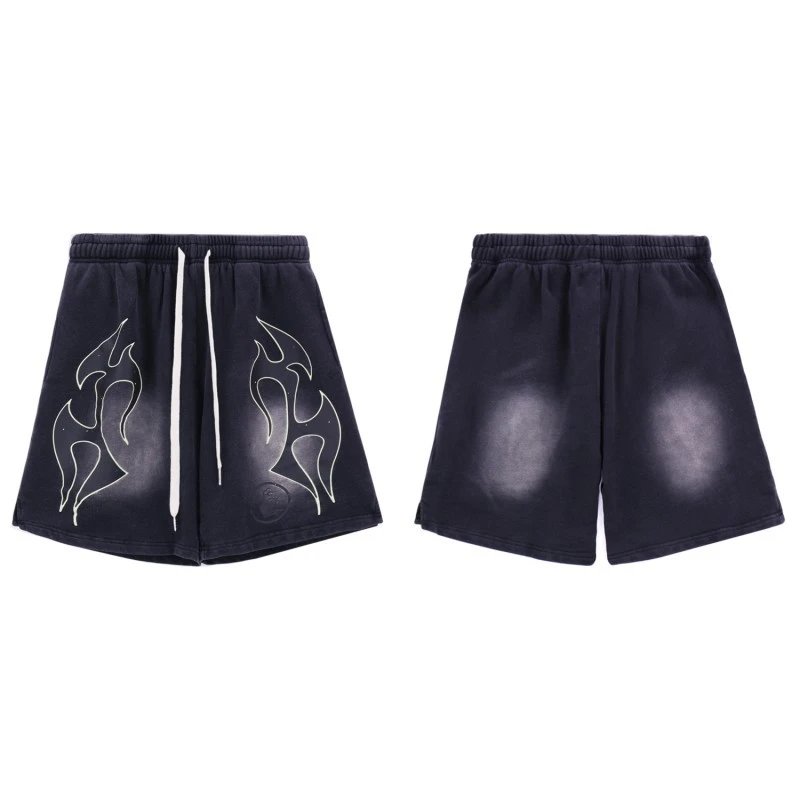 Flame-Printed Washed Denim Shorts Navy - 1