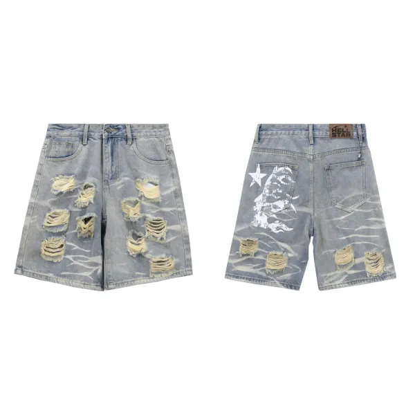 Hell Star Distressed Graphic Denim Shorts Light Blue - 1