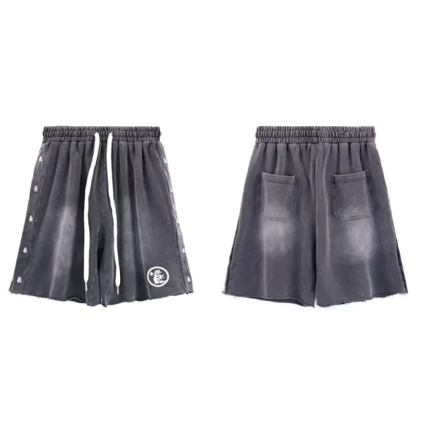 Design Distressed Denim-Style Shorts with Button Trim and Logo Patch Gray Shorts - 1