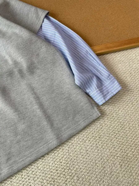 Layered Collar Polo Shirt Gray with Striped Sleeve Detail Polo - 15