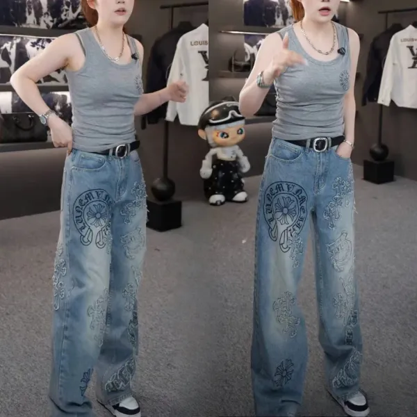 Chrome Hearts x Custom Embroidered Wide-Leg Denim Jeans in Light Wash - 4