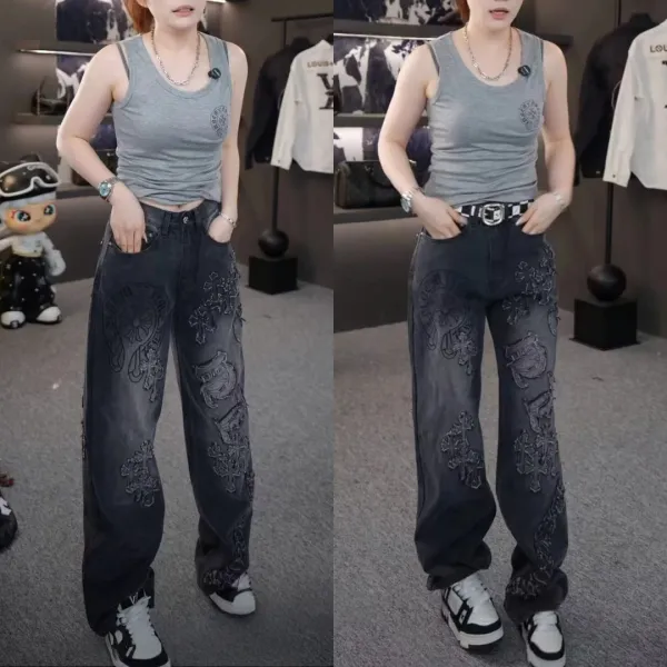 Chrome Hearts x Custom Embroidered Wide-Leg Denim Jeans in Charcoal Gray - 1