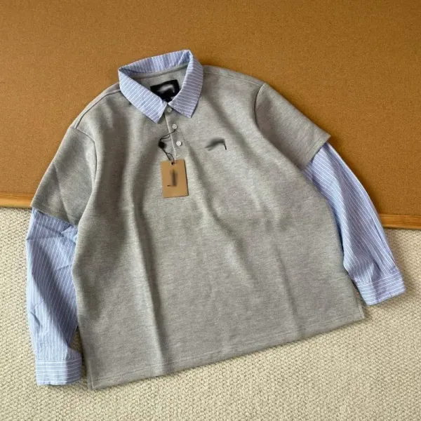 Layered Collar Polo Shirt Gray with Striped Sleeve Detail Polo - 1