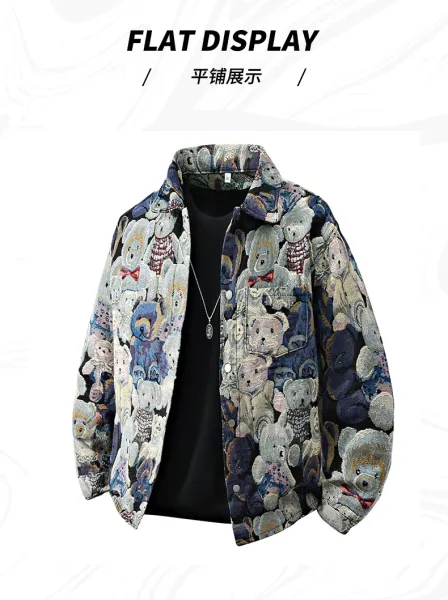 Teddy Bear Tapestry Print Oversized Shirt Jacket Multicolor Outerwear - 11