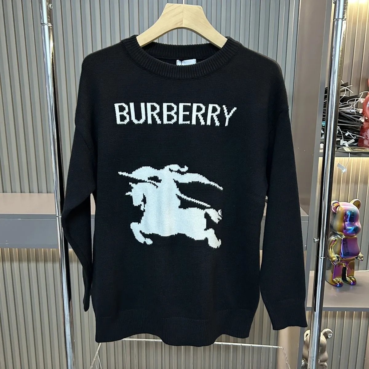 Burberry Black Crewneck Sweater with White Equestrian Knight Logo