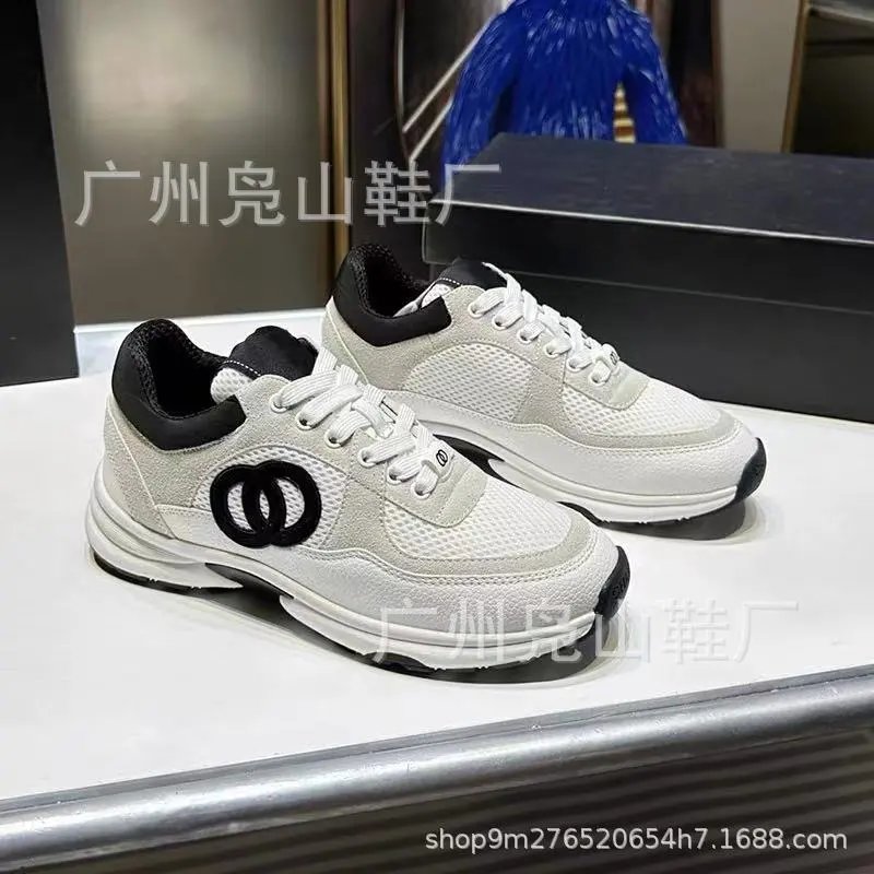 小香风运动鞋女2024新款真皮增高厚底老爹鞋真皮网面百搭运动鞋女