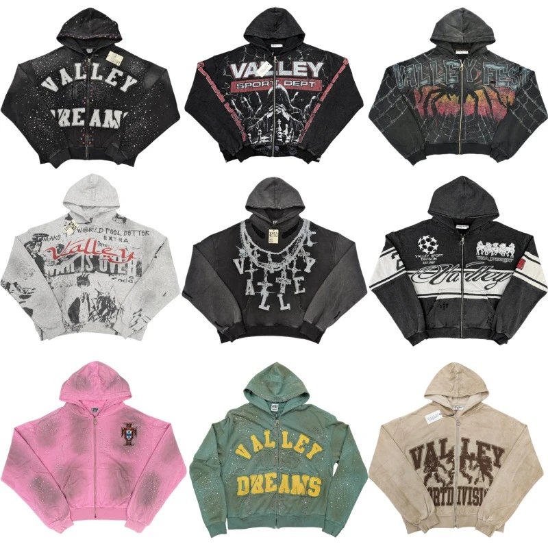 Vale Valley American Streetwear Vintage Washed Distressed Terry Cloth Loose Fit Hooded Sweatshirt Cardigan