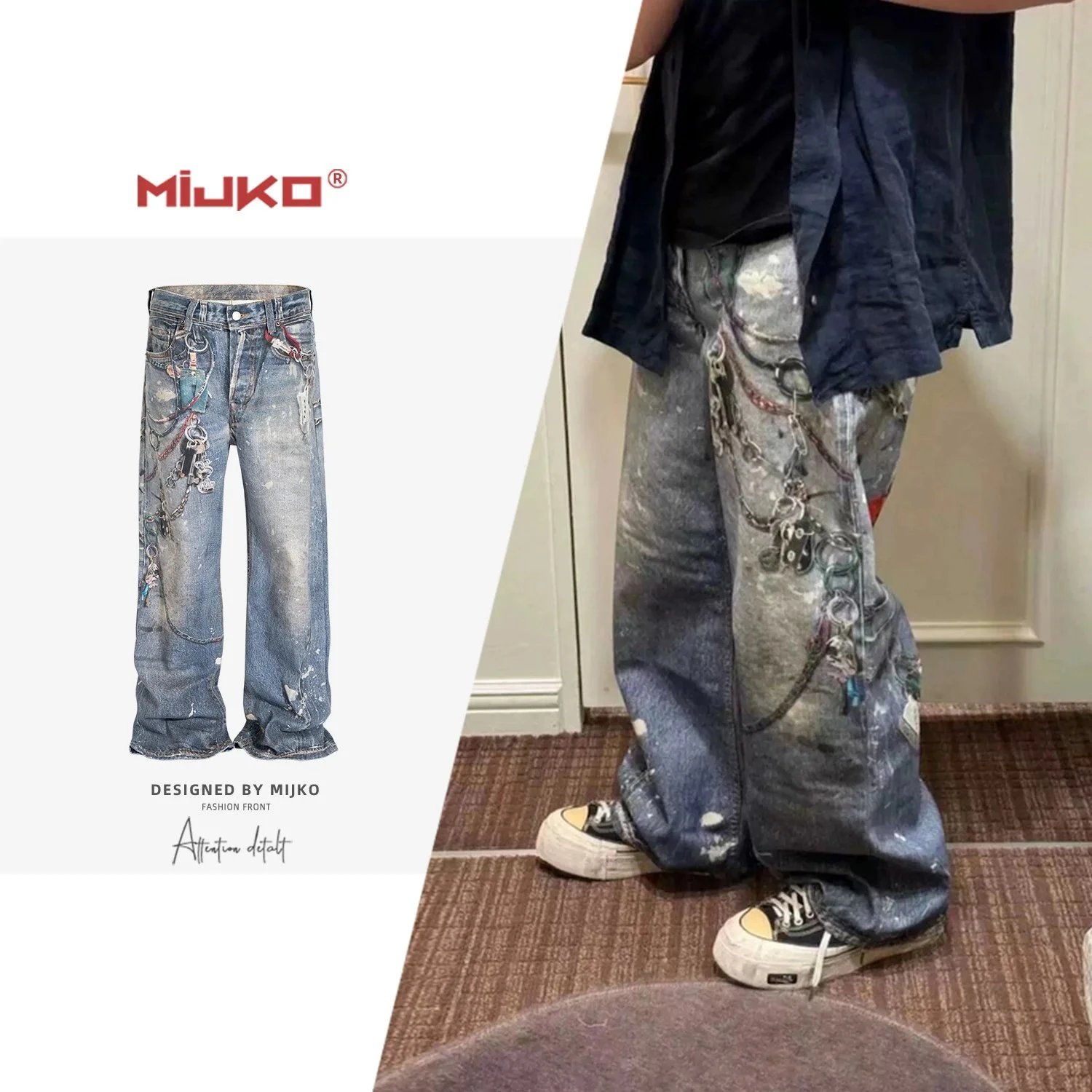 4 Men's Women's straight washed and buffed pants men and women with the same splash of paint hardware accessories 3D printed jeans