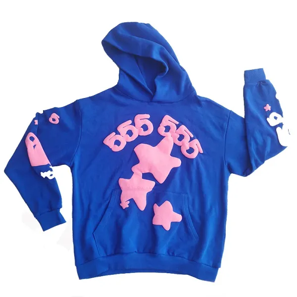Design 655 Star Appliqué Hoodie Blue Pink - 1