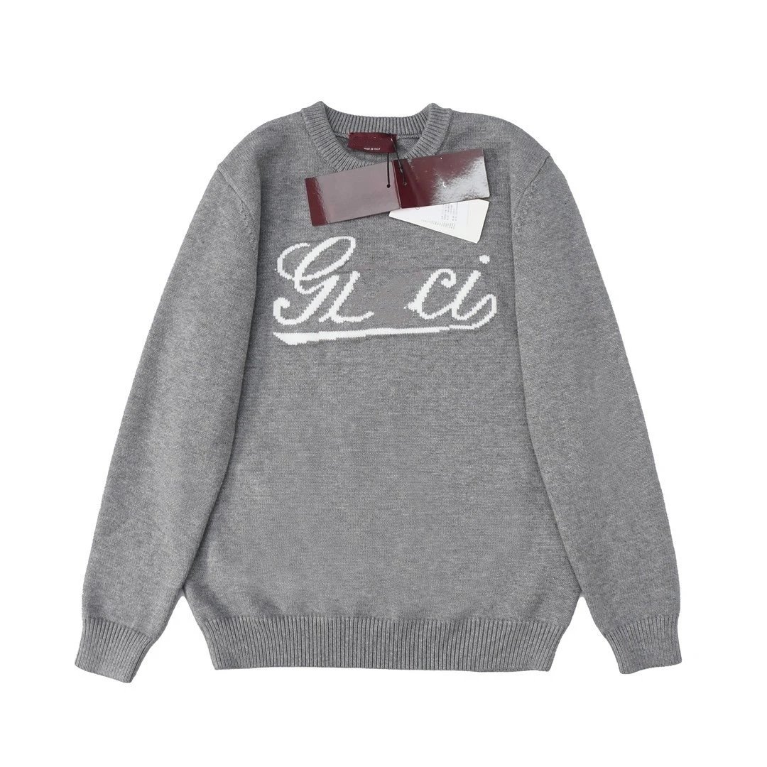 Gucci Grey Intarsia Logo Crewneck Knit Sweater — Relaxed Fit Wool Blend 1