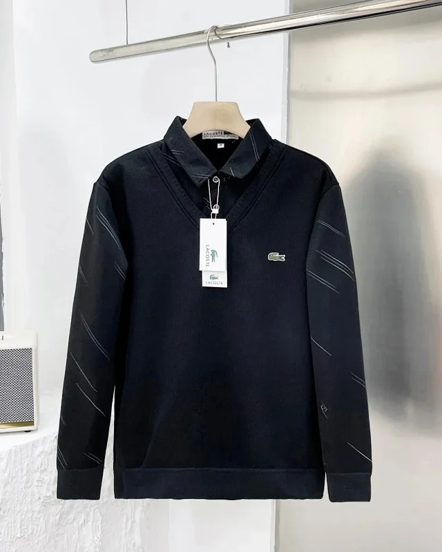 Lacoste Hoodies & Sweatshirts Faux Two-Piece Collared Sweatshirt with V-Neck Overlay product detail image 5