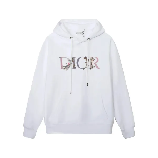 Dior Floral Embroidered DIOR Logo Hoodie White - 1