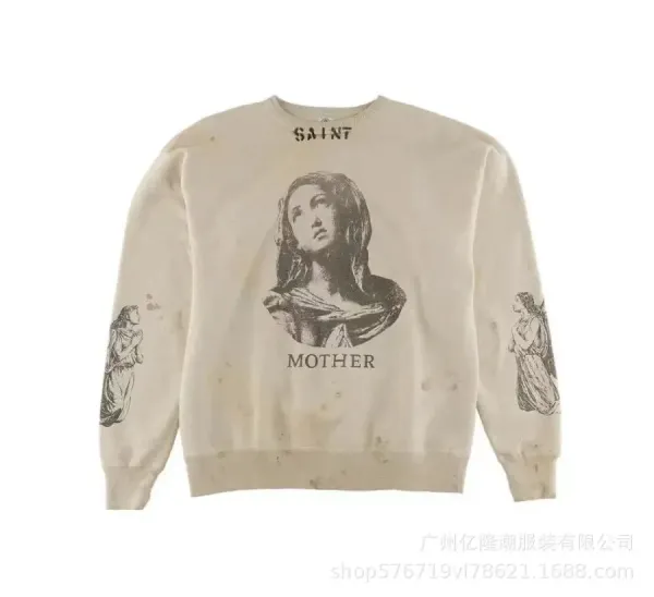 Saint Laurent Saint Mother Distressed Graphic Hoodie Beige - 1