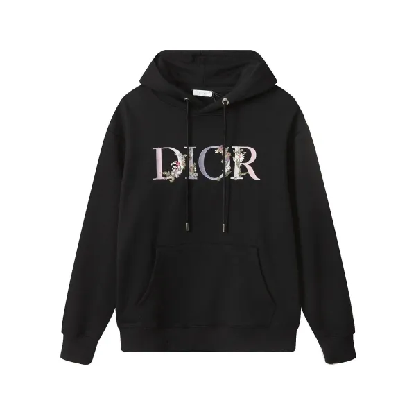 Dior Floral Embroidered DIOR Logo Black Hoodie - 1