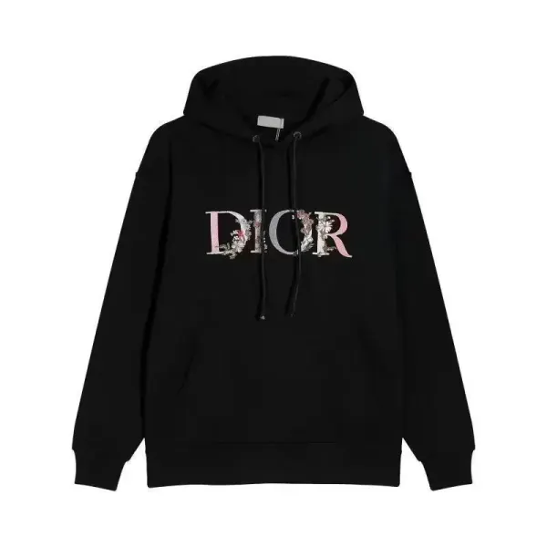 Dior Floral Embroidered DIOR Logo Hoodie Black - 1