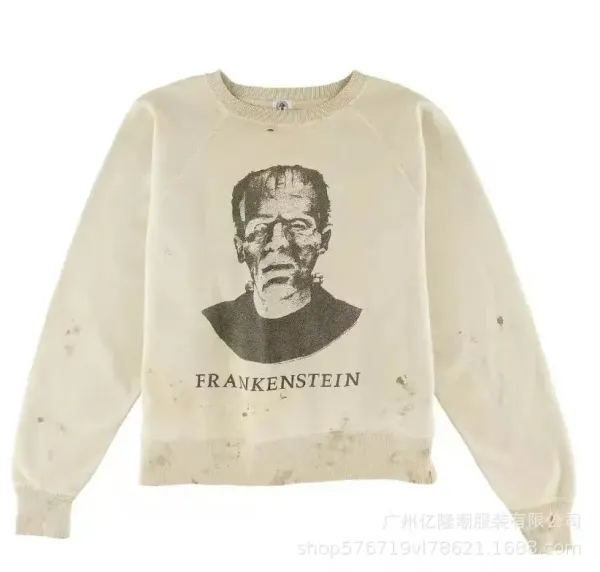 Frankenstein Graphic Distressed Crewneck Sweatshirt Beige - 1