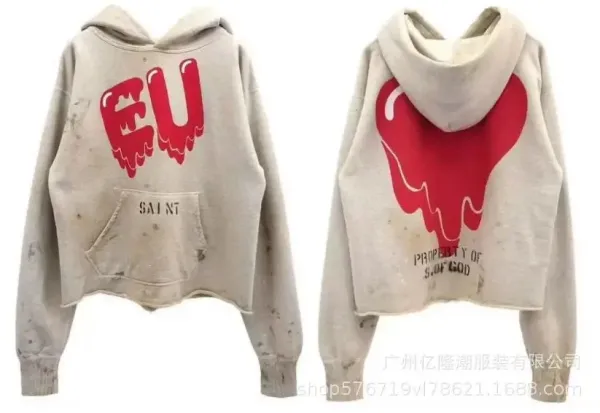 Saint Laurent x Unknown Artist Distressed Cropped Hoodie with Red Dripping EU and Heart Graphic - 1