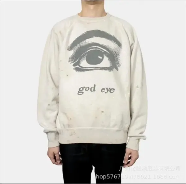 God Eye Graphic Distressed Crewneck Sweatshirt Beige Hoodie - 1