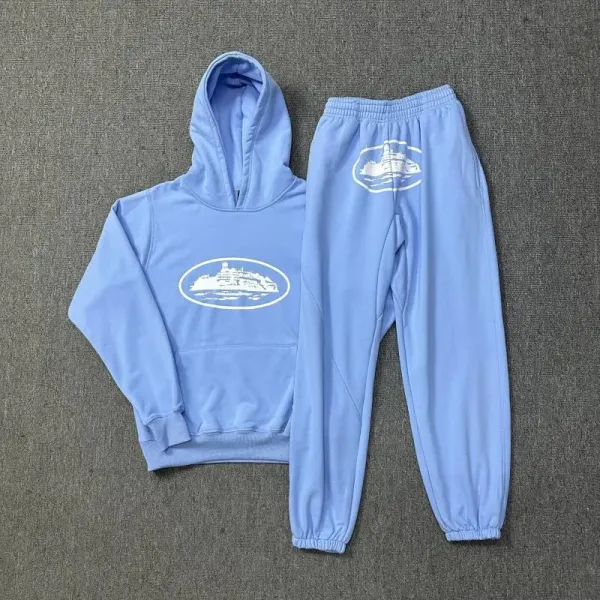 Design Cruise Ship Graphic Hoodie and Sweatpants Set Light Blue Casual Set - 1