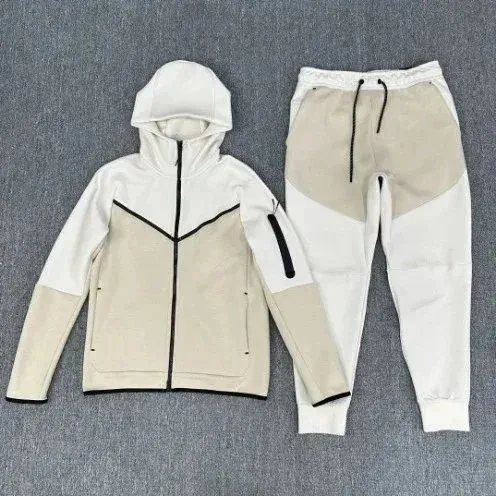 Nike Tech Fleece Hoodie and Joggers Beige and White Tracksuit - 1