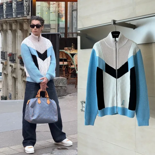 Saint Laurent Color-Block Knit Zip-Up Sweater in Blue, Black, and Beige - 2