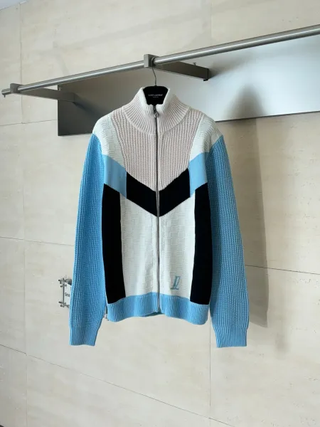 Saint Laurent Color-Block Knit Zip-Up Sweater in Blue, Black, and Beige - 1