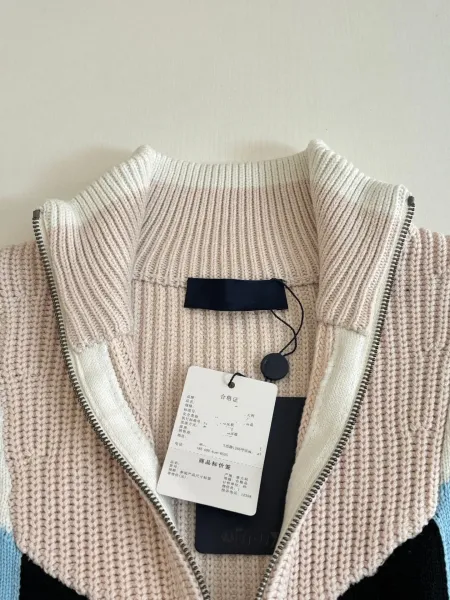 Saint Laurent Color-Block Knit Zip-Up Sweater in Blue, Black, and Beige - 6