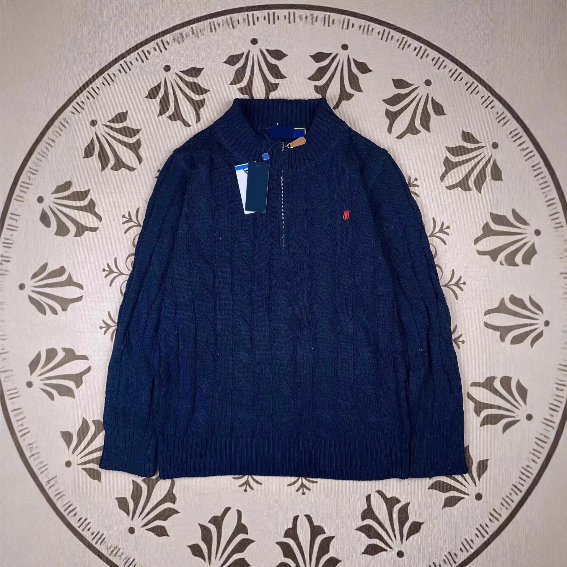 Cable Knit Half-Zip Turtleneck Sweater Cream Gray Navy Classic
