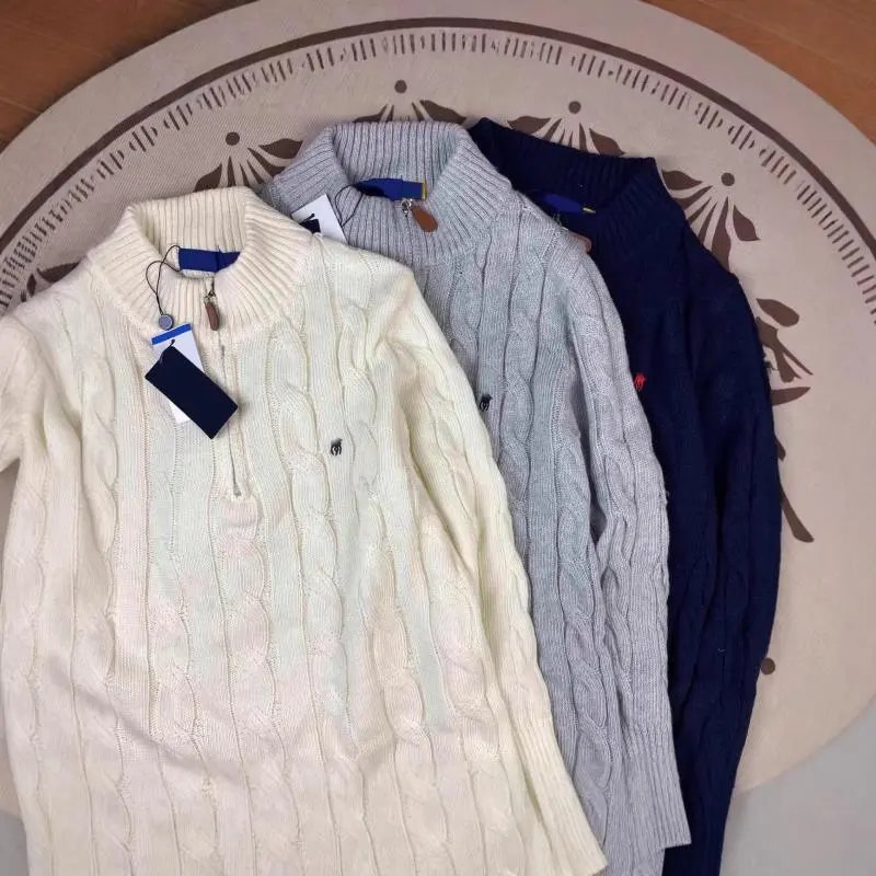 Cable Knit Half-Zip Turtleneck Sweater Cream Gray Navy Classic