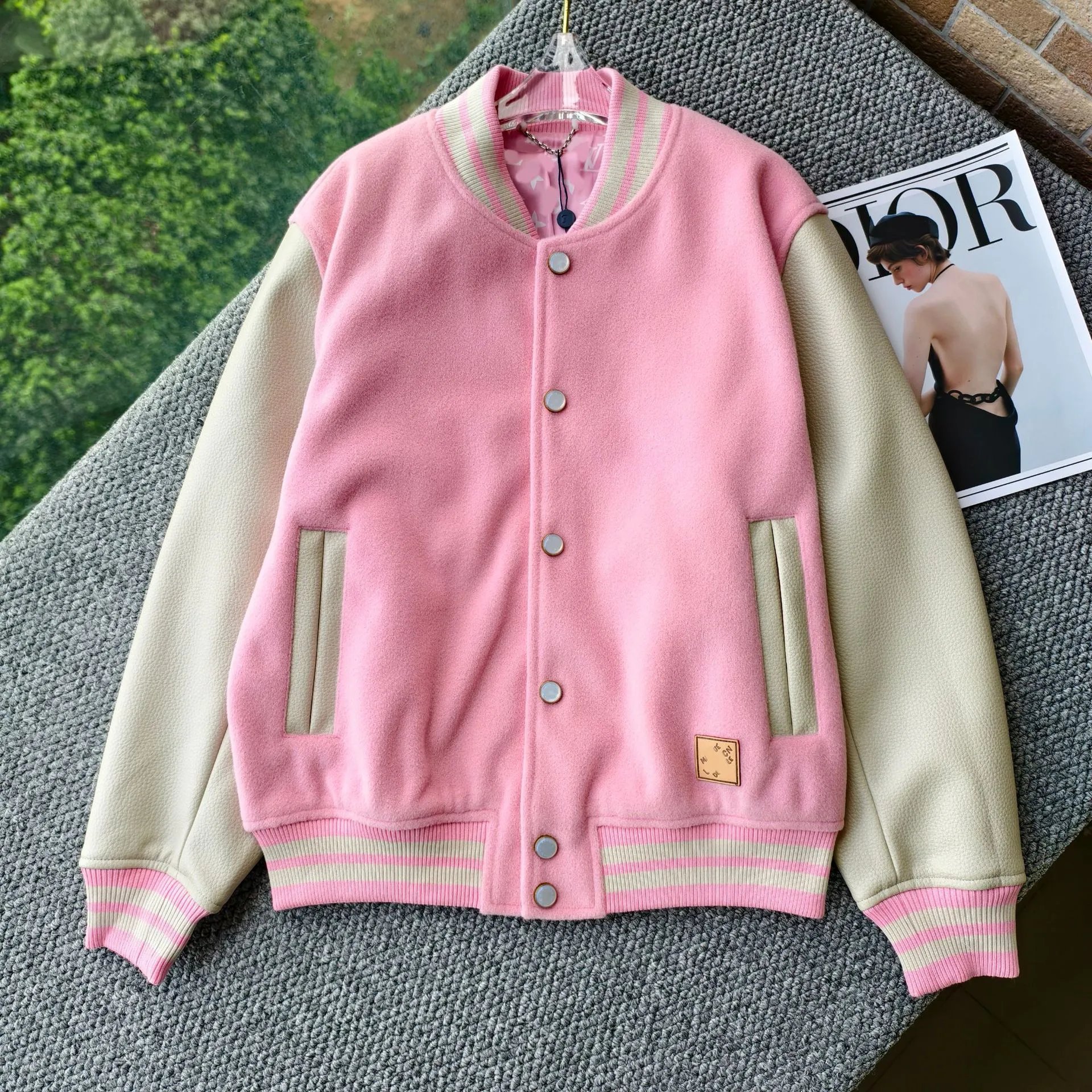 Design Varsity Jacket Pink and Beige Wool-Blend Outerwear - 1