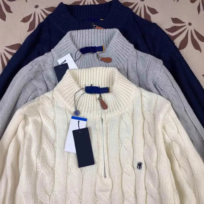 RL Ralph pony stand collar embroidery knitwear big Fried Dough Twists half zip sweater