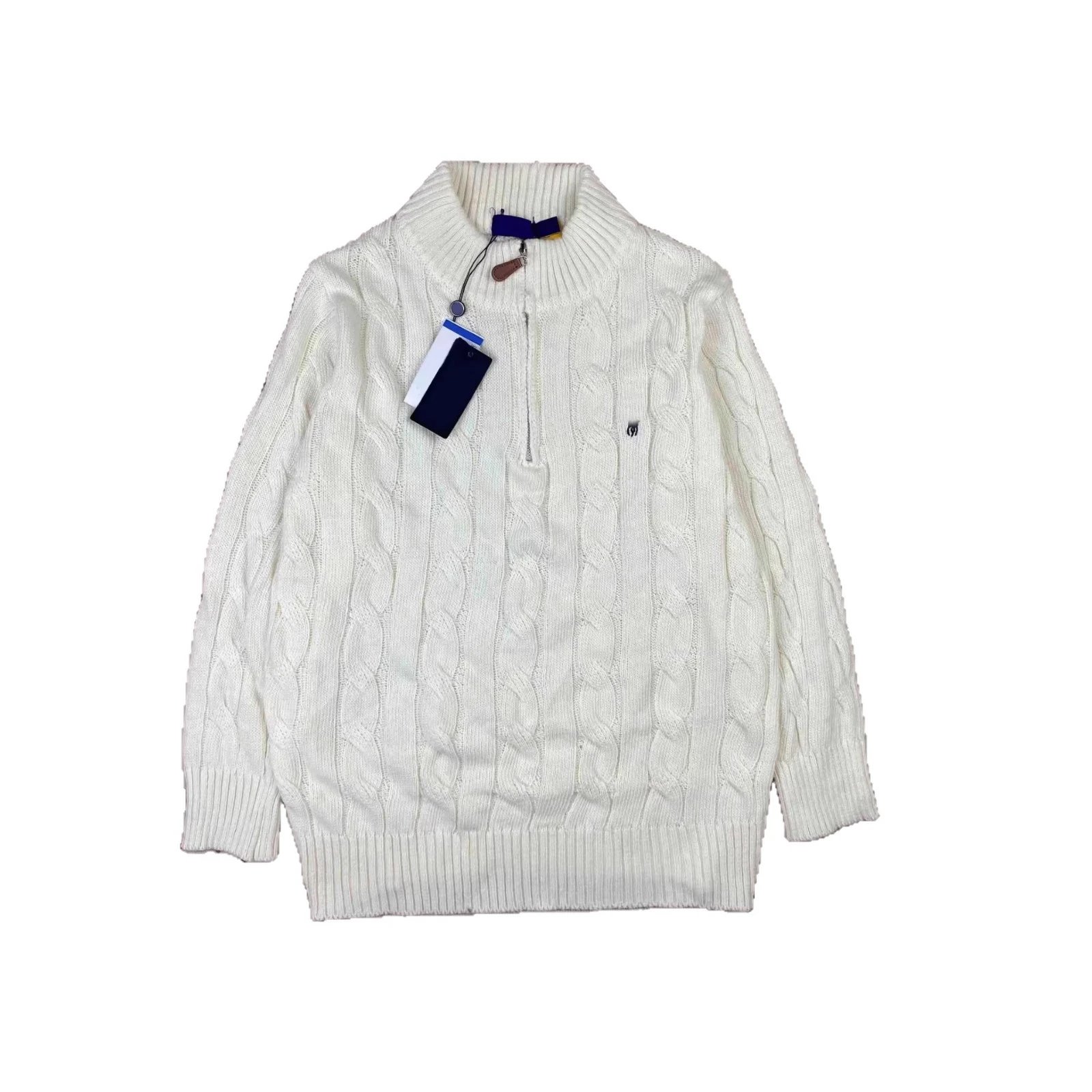 Cable Knit Half-Zip Turtleneck Sweater Cream Gray Navy Classic