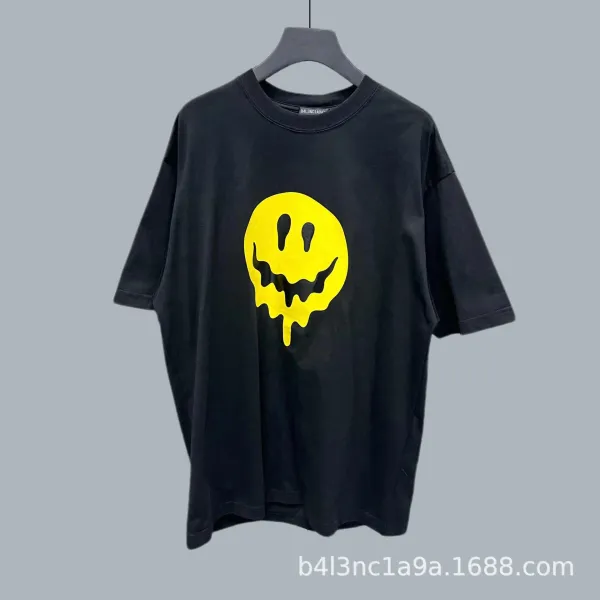 Design Smiling Face Drip Graphic Black T-Shirt - 1