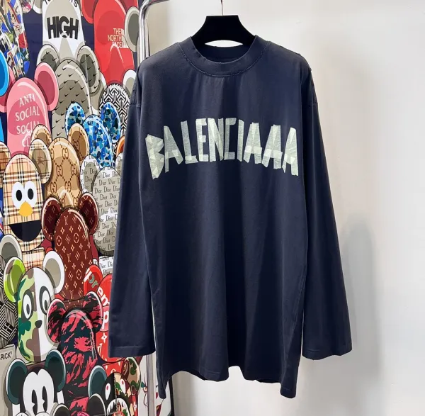 Balenciaga BALENCIAGA Logo Long Sleeve T-Shirt Navy - 1