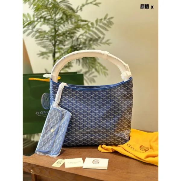 Goyard Saint-Louis PM Blue Chevron Canvas Handbag with White Leather Handle - 1