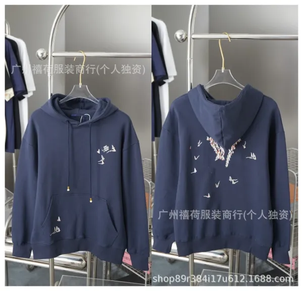 Design Embroidered Bird Motif Navy Hoodie - 1