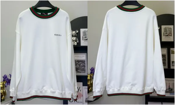 Gucci Logo Embroidered White Sweatshirt with Web Trim Hoodie - 1