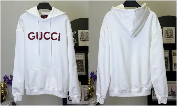 Gucci Embroidered Logo Hoodie White - 1