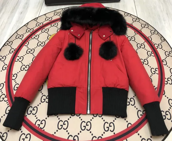 Gucci Red Puffer Jacket with Fur Trim and Pom-Poms Down Jacket - 1